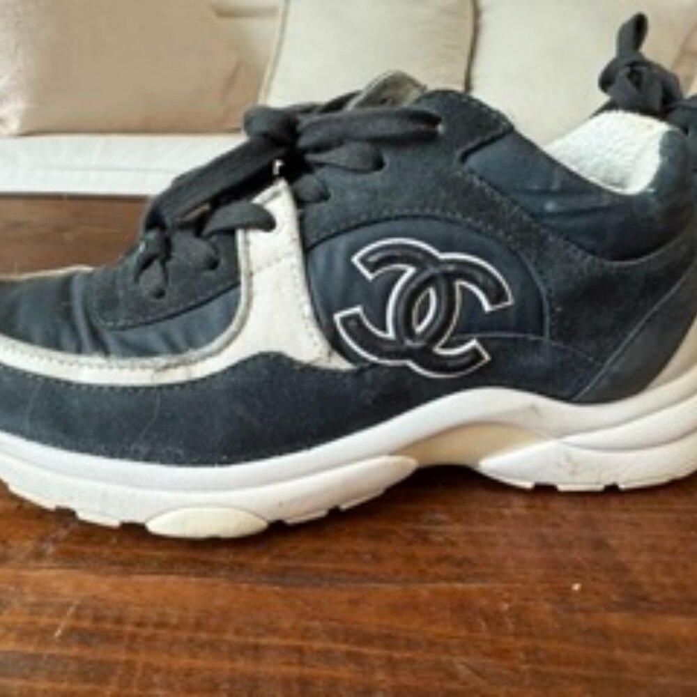 Chanel Grey/White Fabric and Suede CC Lace Up Sneakers - Picture 4 of 5